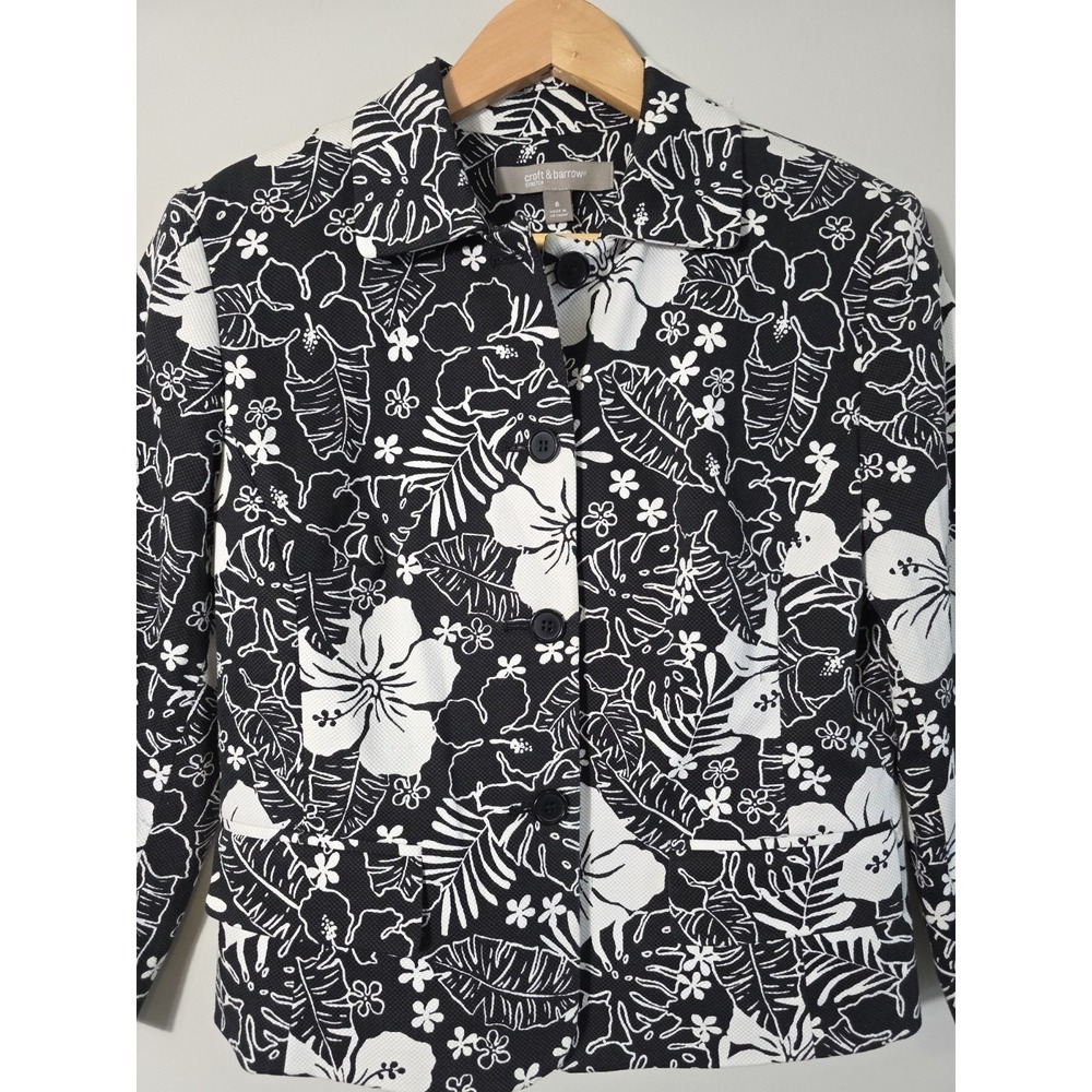 Croft & Barrow Black White Floral Blazer Jacket Cotton Stretch Size S 98% Cotton - Picture 6 of 11